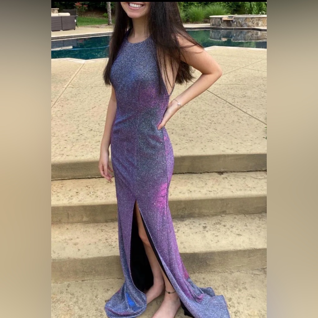 Purple Glitter Halter Maxi Prom Dress With Front Slit